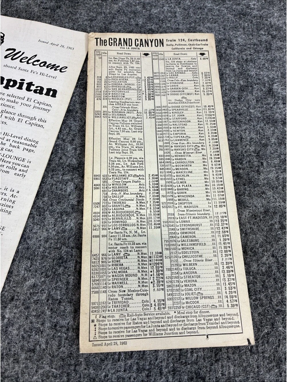 Vtg 1963 Santa Fe El Capitan Brochure Menu Grand Canyon Train Timetable Sheet